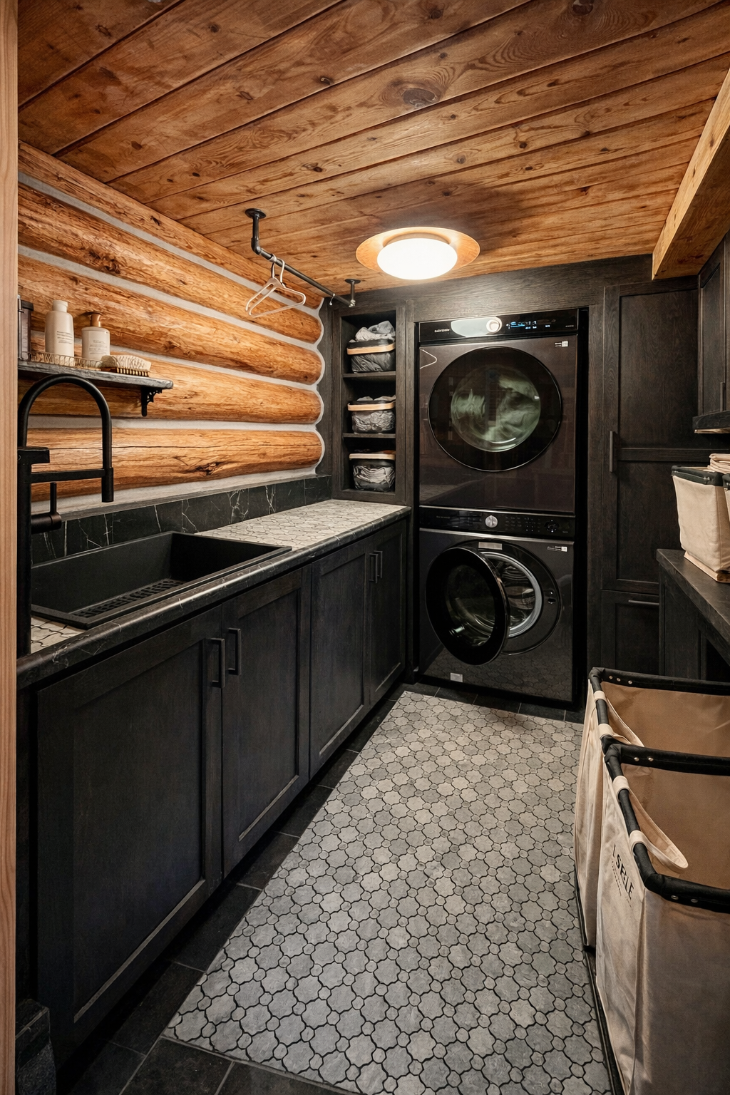 Laundry room built-ins featuring Shaker cabinet doors in stained Red Oak Select