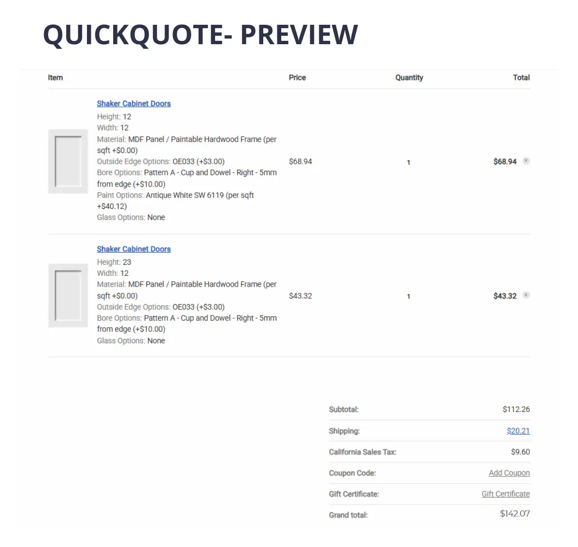 screenshot of quote form