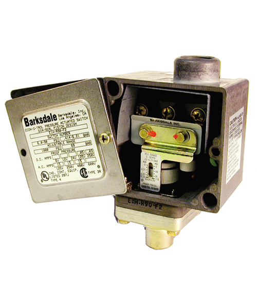 Barksdale Series E1H Dia-Seal Piston Pressure Switch, Housed, Single Setpoint, 0.5 to 15 PSI, E1H-B15-P6-BR-V