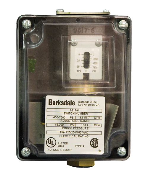 Barksdale Series 9617 Sealed Piston Pressure Switch, Housed, Single Setpoint, 80 to 1500 PSI, 9617-3SS-Z12