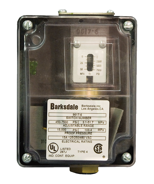 Barksdale Series 9617 Sealed Piston Pressure Switch, Housed, Single Setpoint, 450 to 7500 PSI, 9617-6SS-V