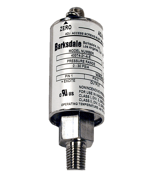 Barksdale Series 433 Non-Incendive Pressure Transducer, 0-500 PSI, 433H5-08-P4Z18W72