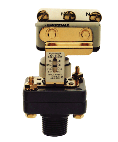 Barksdale Series E1S Dia-Seal Piston Pressure Switch, Stripped, Single Setpoint, 0.5 to 30 In Hg Vacuum, E1S-H-VAC-F2-V
