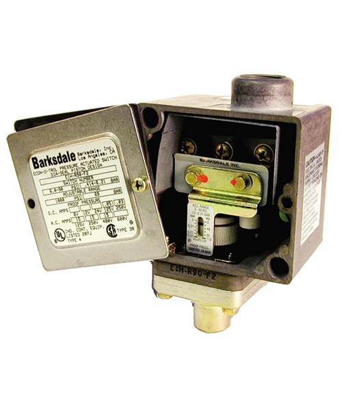 Barksdale Series E1H Dia-Seal Piston Pressure Switch, Housed, Single Setpoint, 3 to 90 PSI, E1H-H90-P6-PLSV