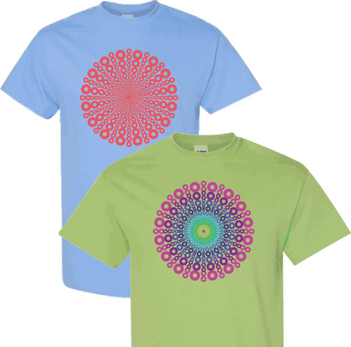 Red design/Carolina Blue shirt & Rainbow design/Kiwi shirt