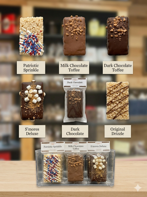 Gourmet chocolate covered Rice Krispies treats variety pack including milk chocolate, dark chocolate, and holiday sprinkles.