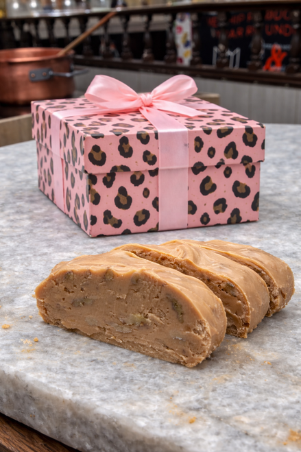 leopard pink gift package on fudge table