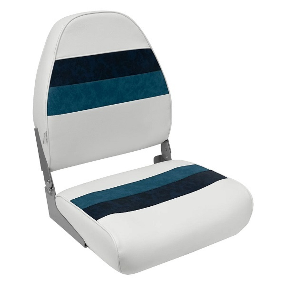 Wise Deluxe High Back Folding Pontoon Boat Seat with a white, navy, and eclipse blue color pattern