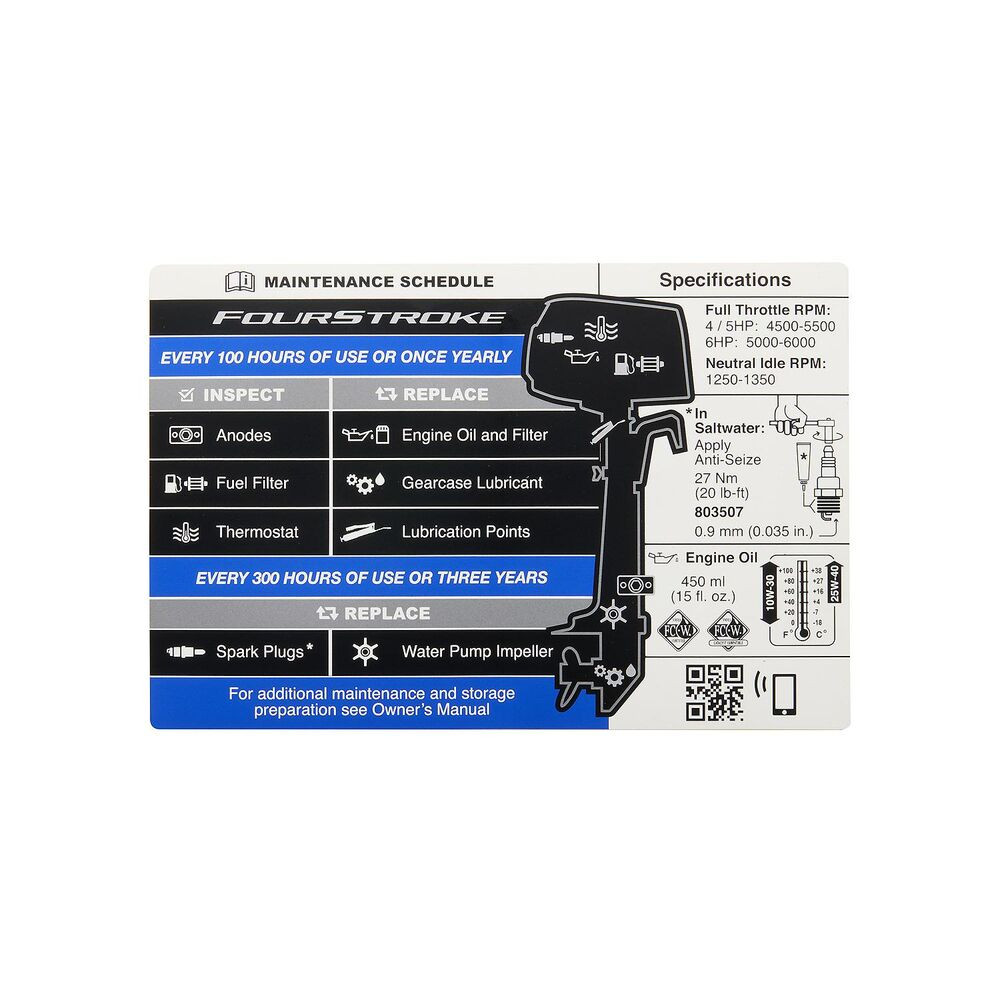 Mercury 8M0180064 maintenance schedule decal for Mercury 4-6hp carbureted outboards
