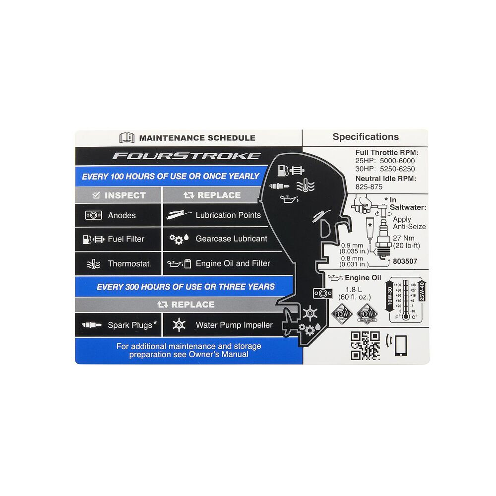 Mercury 8M0180070 maintenance schedule decal for Mercury 3-cylinder 30-40hp EFI and 25hp EFI Jet outboards