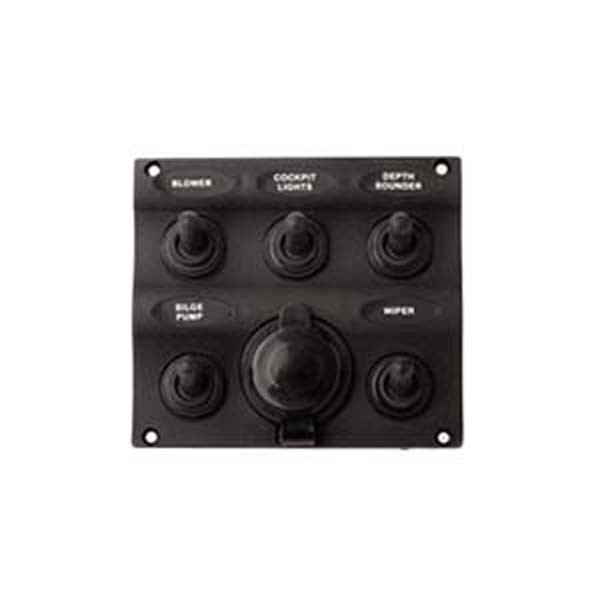 Sea-Dog Five Toggle Switch Panel with Power Socket 424605-1 Sea-Dog Five Toggle Switch Panel with Power Socket 424605-1