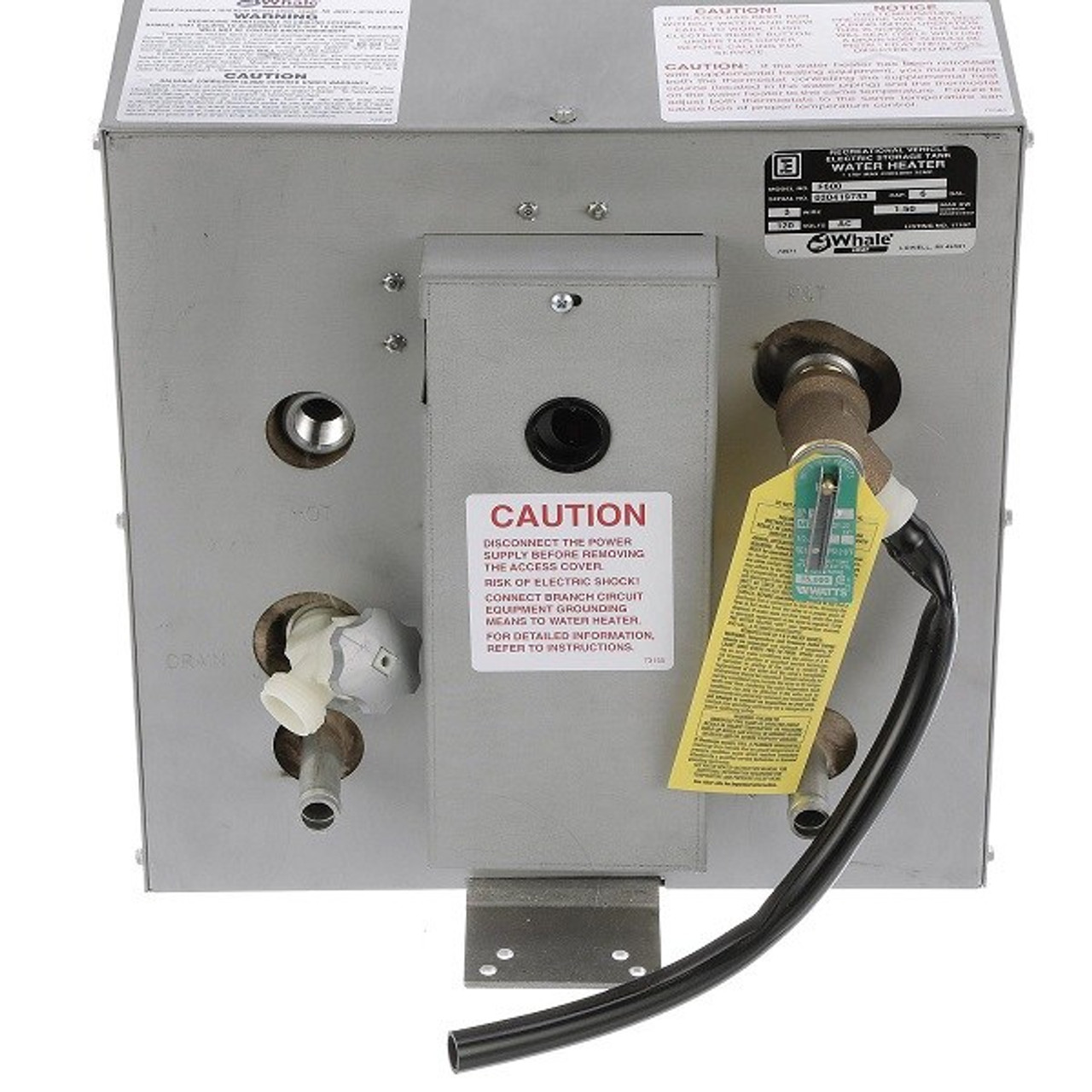 Close up view of theWhale F600 120V 6 Gallon Front/Rear Mount Marine Water Heater