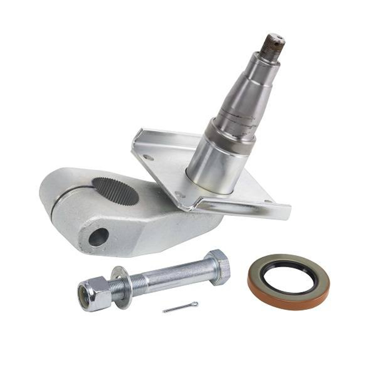 Versa-Flex torsion arm and hardware kit for 5.2K - 7K idler axles, featuring zinc-plated spindle, washers, bolts, seals, and nuts for disc and drum brake systems.