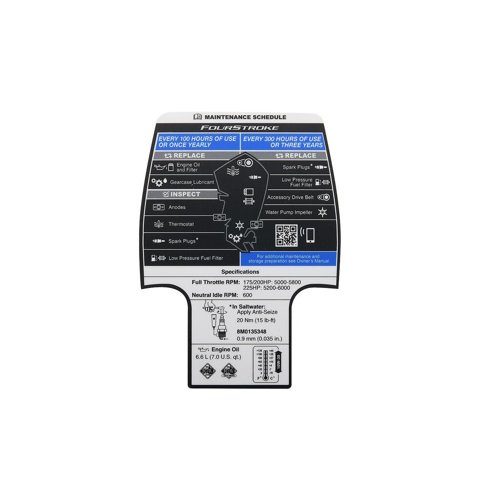 Mercury 8M0142526 maintenance schedule decal for 3.4L V6 fourstroke outboards