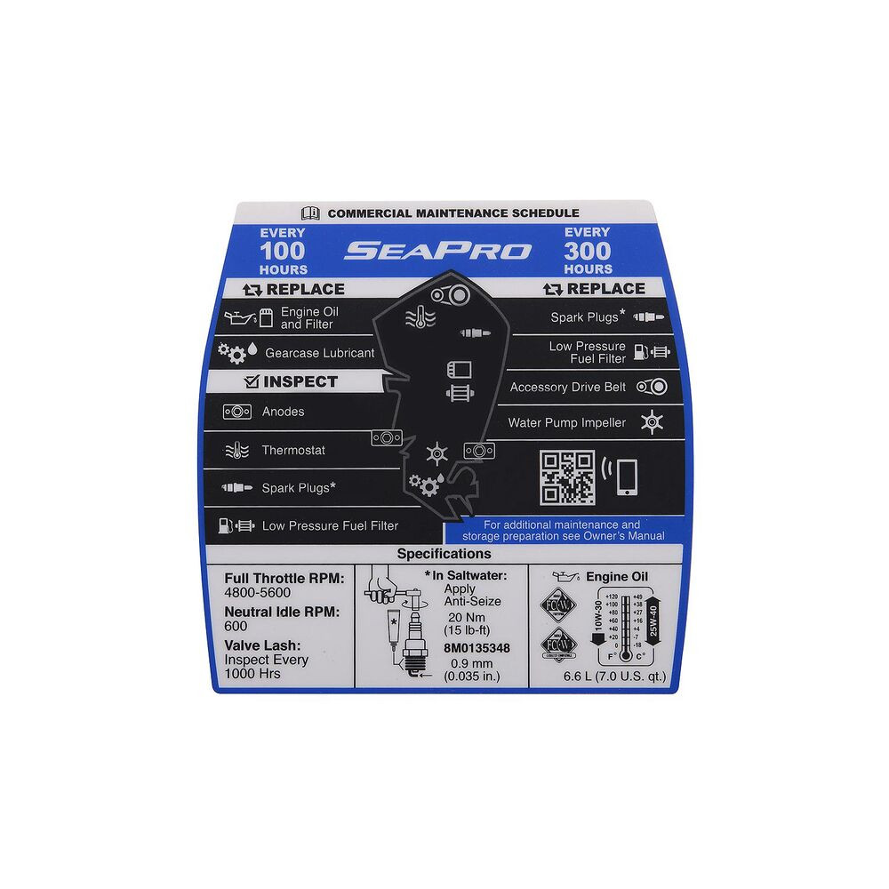 Mercury 8M0148537 maintenance decal for 4.6L V8 225300hp seapro outboards