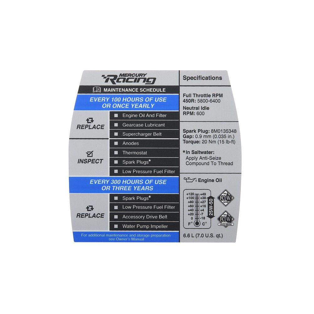 Mercury 8M0159602 maintenance schedule decal for Mercury racing 4.6L v8 450r outboards service label image