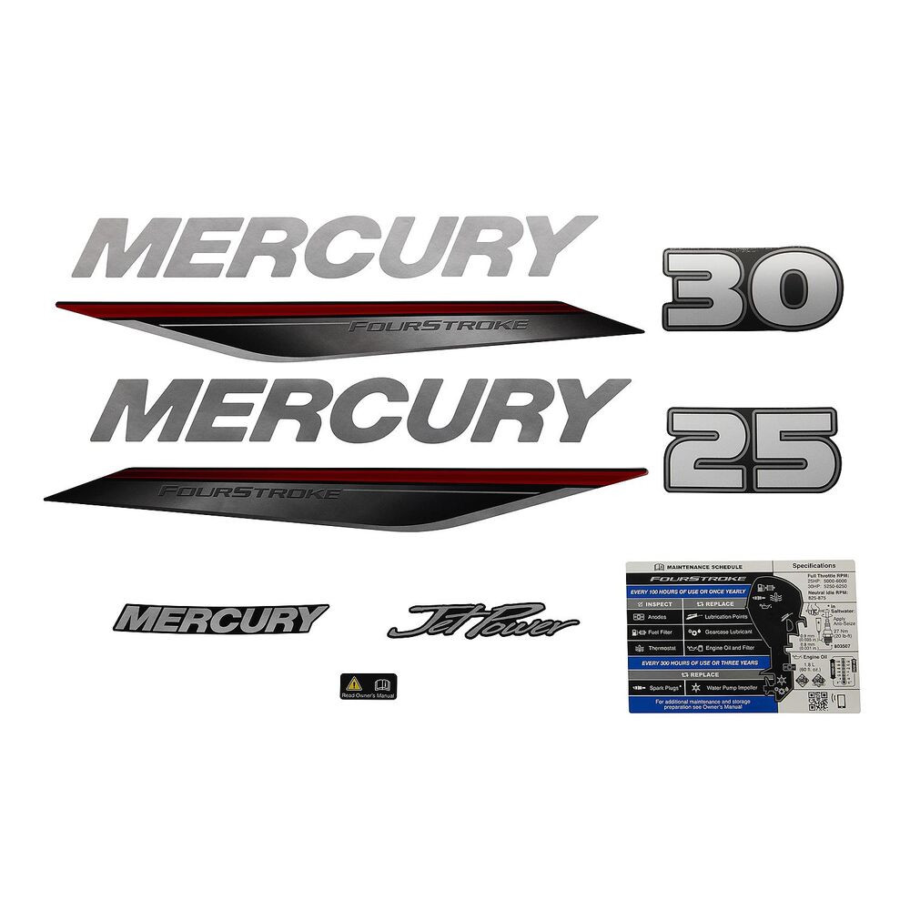 Mercury 8M0170759 decal set for Mercury 3-cylinder 2530hp efi outboards cowling graphics image