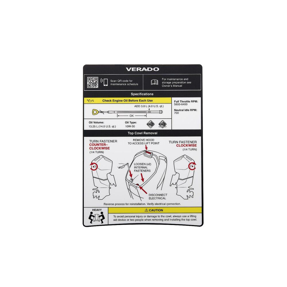 Mercury 8M0178225 maintenance and cowl removal decal for v12 verado and seapro outboards instruction label image