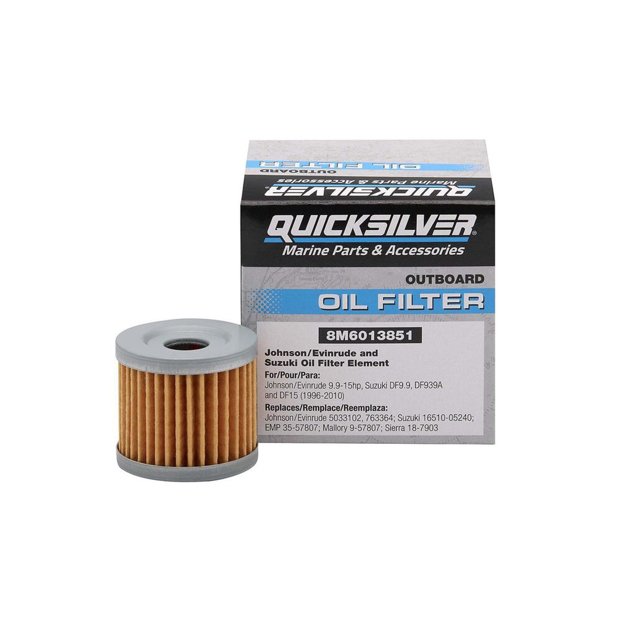 Quicksilver 8M6013851 oil filter for Johnson Evinrude Suzuki 9.9-15hp outboards