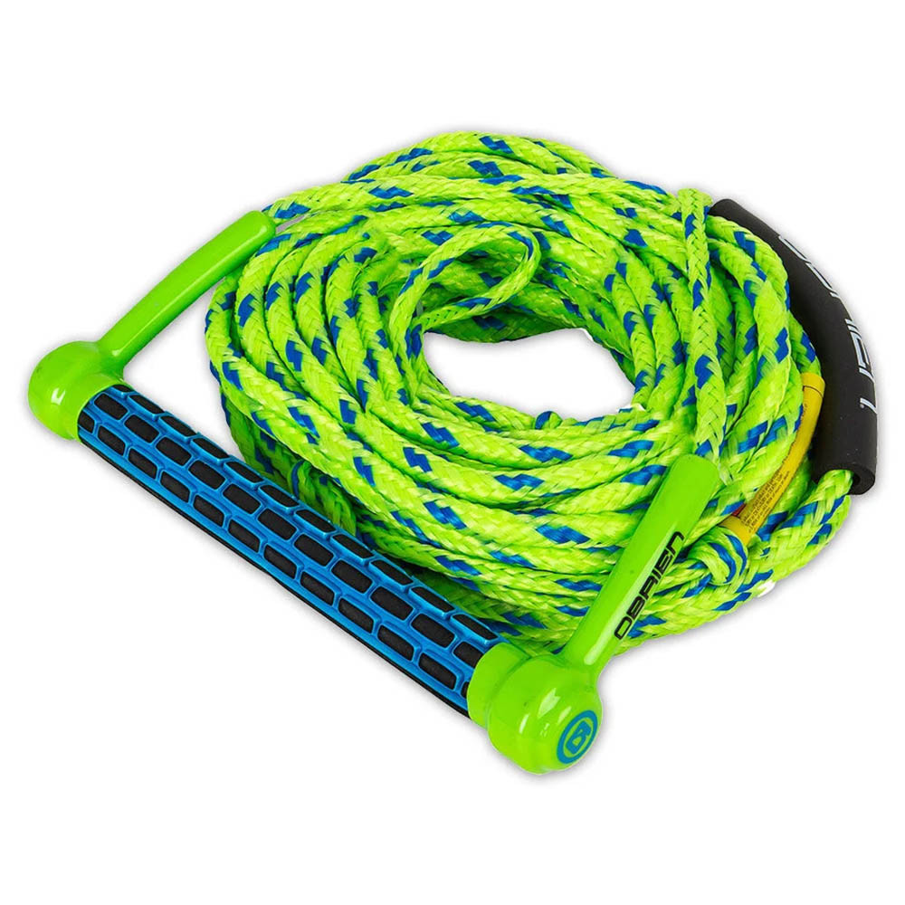 Green and blue O’Brien Floating 2-Section waterski rope with 12-inch handle
