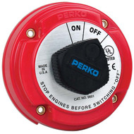 Perko 9601DP battery disconnect switch with red housing and black ON/OFF knob