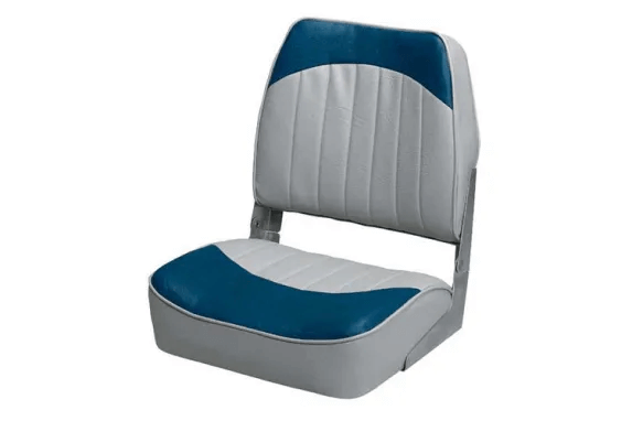 Blue and gray bass boat seat with cushioned back.
