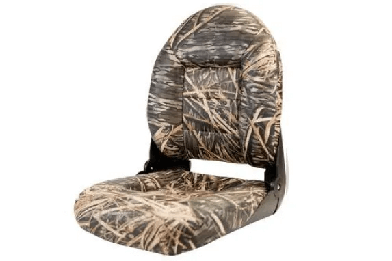 Camo-patterned bass boat seat isolated on white.