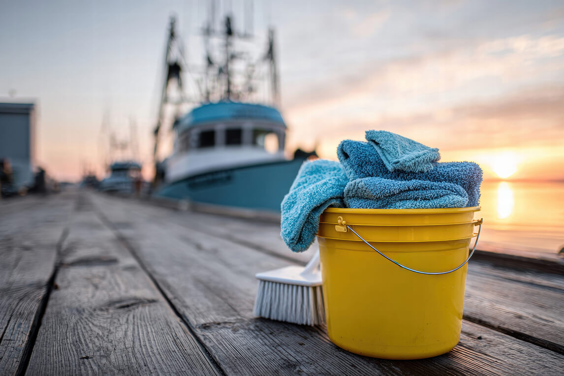Boat cleaning supplies on a marina dock