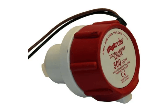 Livewell pump for boats with red and white design.