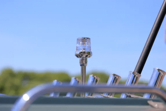 Close-up of a white navigation light on a boat.