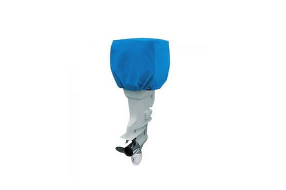 Blue universal outboard motor cover fitted on prop unit for storage