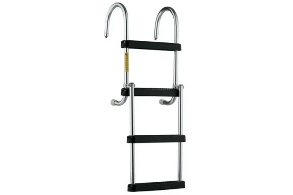 Foldable telescoping boat ladder with black steps.
