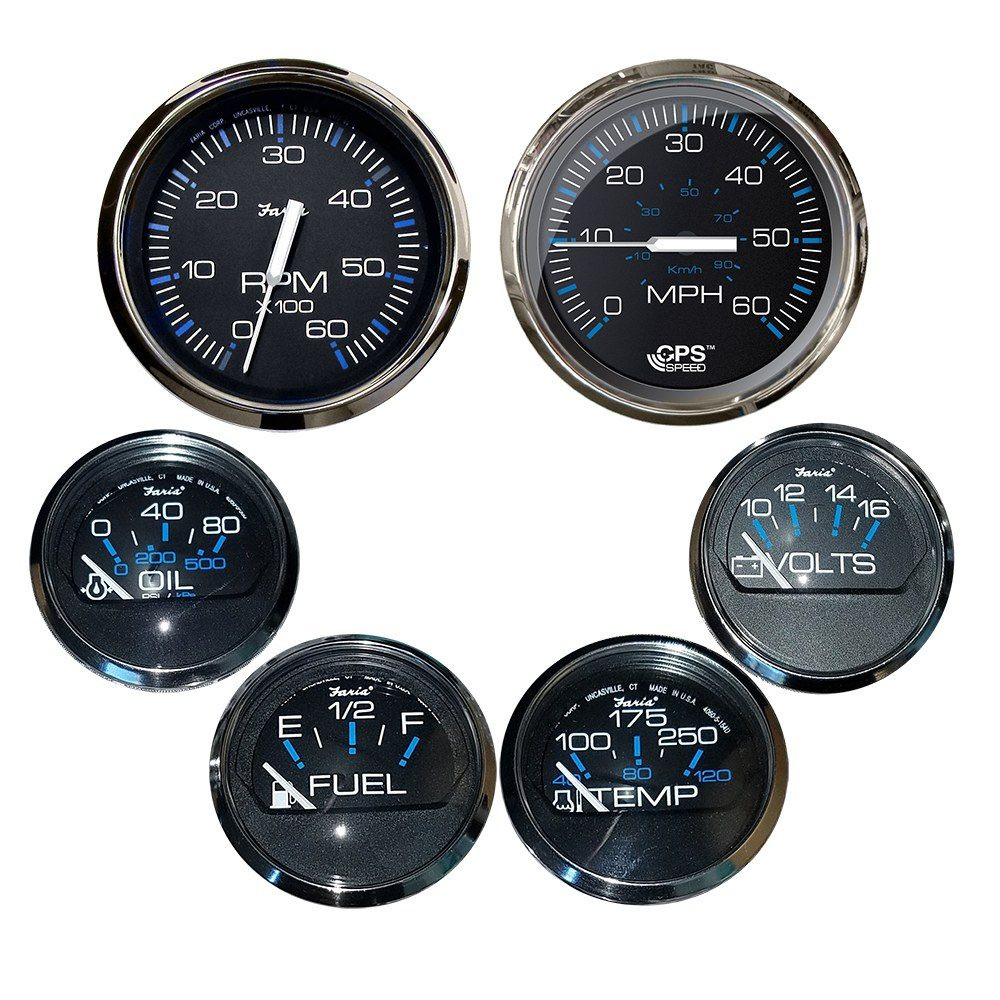 Faria KTF064 Chesapeake Black 6 Gauge Set - Speed/Tach/Fuel/Volt/Water/Oil - Stainless Steel Bezel
