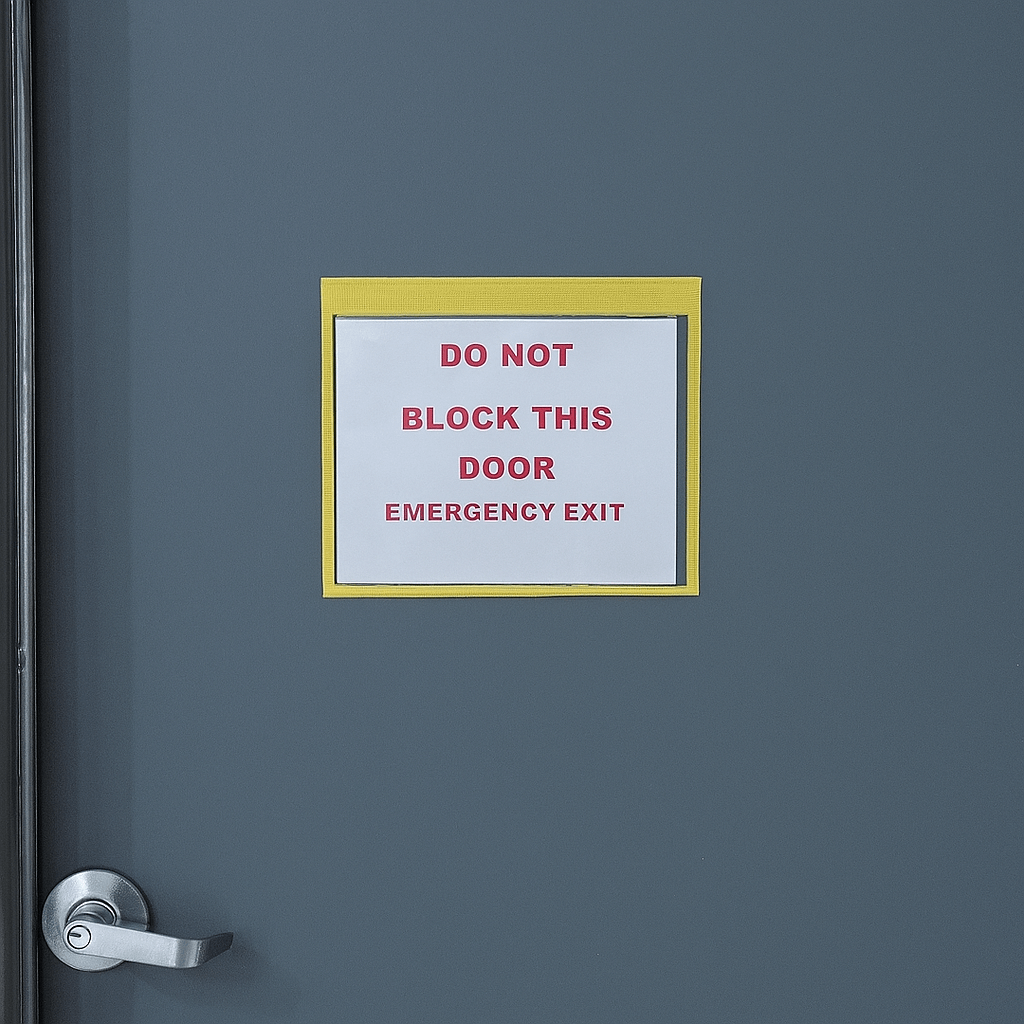 Emergency door with yellow-trim magnetic holder displaying warning sign