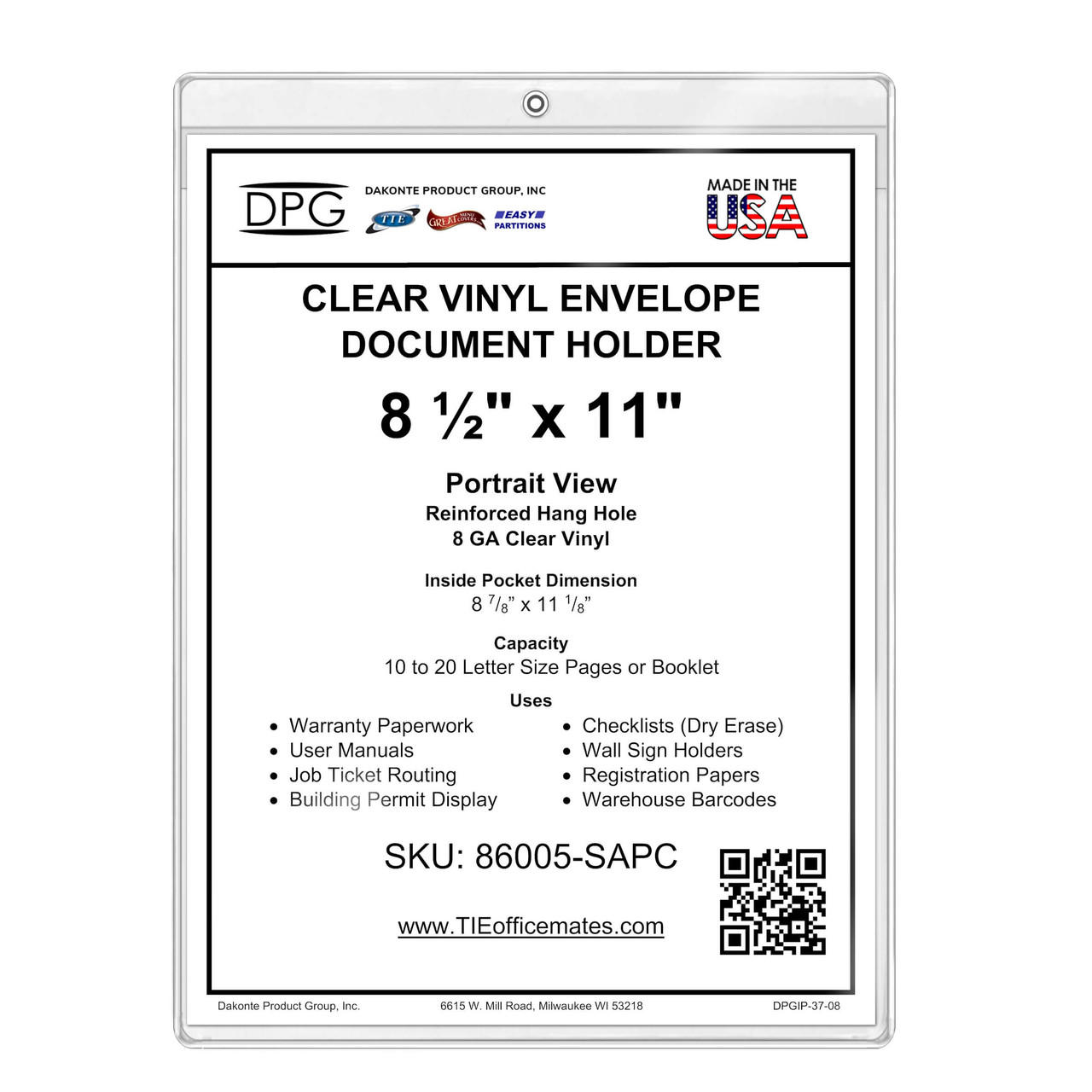8.5x11 Clear Vinyl Document or Sign Holder 50/Pack - DPG - TIE