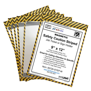 9x12 magnetic job ticket holder with yellow caution safety striped trim