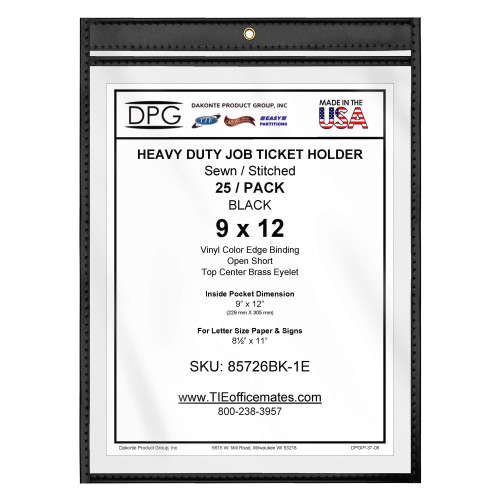 Made in USA Heavy Duty 9"x12" Job Ticket Holder made with 8 gauge clear PVC covers and tightly stitched color vinyl borders for long lasting reuse in manufacturing, machine shops, auto repair shops, retail stores, medical clinics, animal clinics, aerospace industries, HVAC service, maintenance departments and classrooms. Choice of 1 or 3 metal brass hanging eyelets.