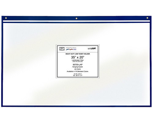35x20 extra-large stitched vinyl shop ticket holder with clear 8 mil PVC covers, color-coded trim, and brass eyelets. Heavy duty oversized document holder for prints, posters, blueprints, site plans, construction drawings, safety signage, and warehouse maps. Dry-erase compatible, reusable, stain-resistant, made in USA, 25-pack.