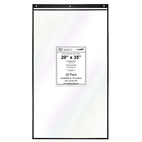 20x35 extra-large stitched vinyl shop ticket holder with clear 8 mil PVC covers, color-coded trim, and brass eyelets. Oversized heavy duty document sleeve for blueprints, posters, construction drawings, site plans, safety signage, and warehouse maps. Dry-erase compatible, reusable, stain-resistant, made in USA, 25-pack.
