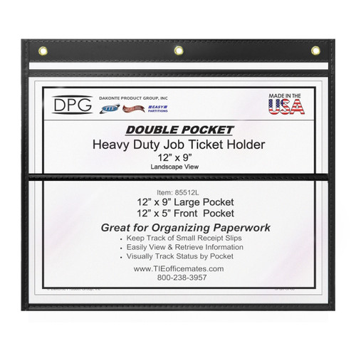 Clear 12x9 2-pocket stitched vinyl job ticket holder with long-side opening and brass eyelets, heavy-duty industrial document sleeve