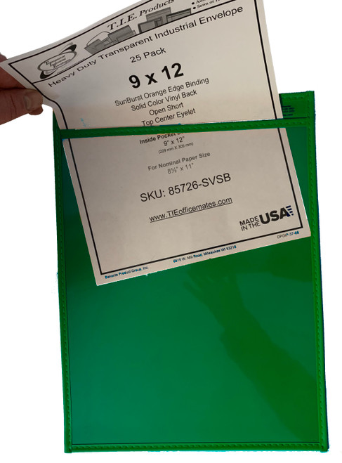 Clear 9x12 job ticket holder with forest green vinyl backing, reusable pocket for 8.5x11 work orders, job tickets, and checklists in industrial and shop environments