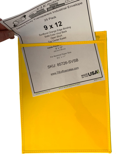 Clear 9x12 job ticket holder with yellow vinyl backing, reusable pocket for 8.5x11 work orders, job tickets, and checklists in industrial and shop environments