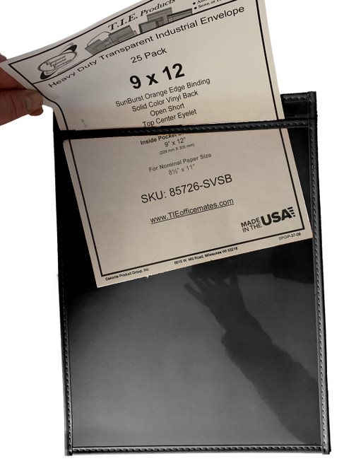 Clear 9x12 job ticket holder with black vinyl backing, reusable pocket for 8.5x11 work orders, job tickets, and checklists in industrial and shop environments