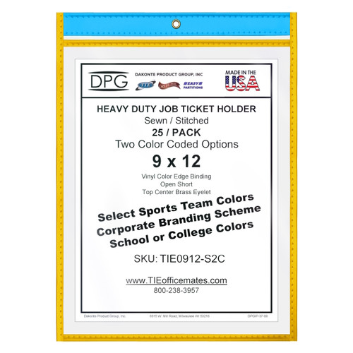 Sky Blue and Yellow Heavy Duty Job Ticket Holder. Two-color stitched vinyl document holder with clear rigid PVC covers for color-coded paperwork organization