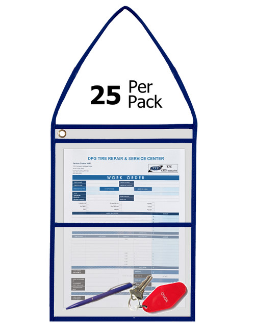 Made in USA 9x12 heavy-duty two-pocket job ticket holder with hanging strap – color-coded vinyl trim organizes paperwork, tools, and receipts – ideal for service writers and maintenance teams.