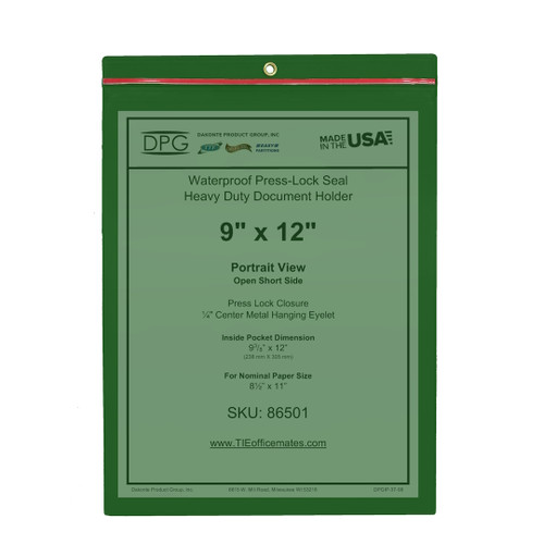 86501 Green Tinted  Presslock Seal Vinyl  Holder 9x12 Capacity with 1/4" Brass Hanging Eyelet