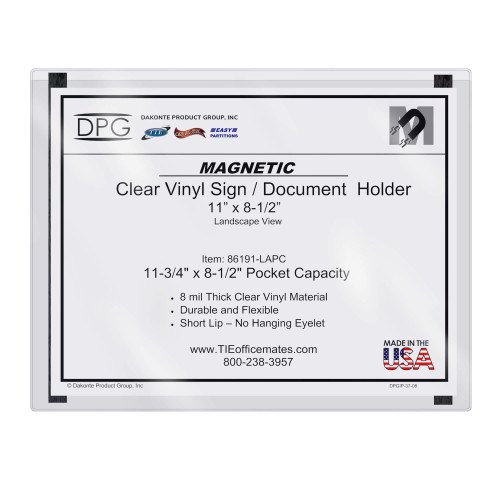 Magnetic 12x9 landscape hanging view vinyl sign holder for metal surfaces like cabinets, metal doors, equipment, machines and vehicles.  Use for signs, instructions and checklists. Dry marker erasable.