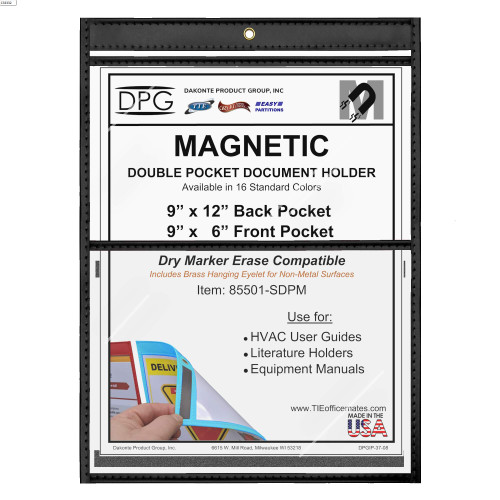 9x12 magnetic double pocket document holder with two clear sleeves for posting documents on metal surfaces. Industrial-grade format sold in 25-packs.