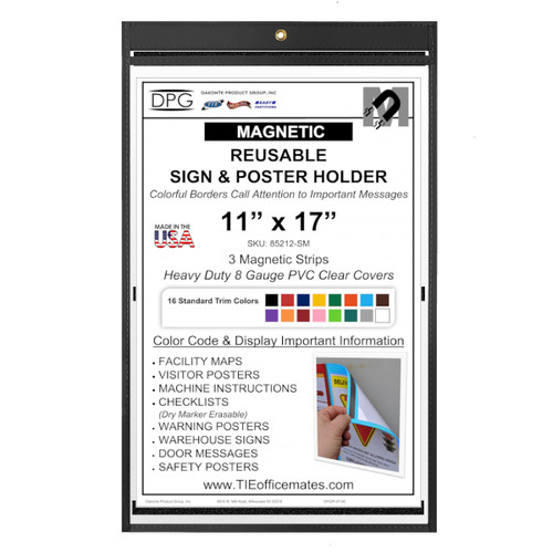 11x17 magnetic sign holder with colorful stitched sewn border trim  for posters, visitor signs, checklists, safety signs, HR messages and facility maps.