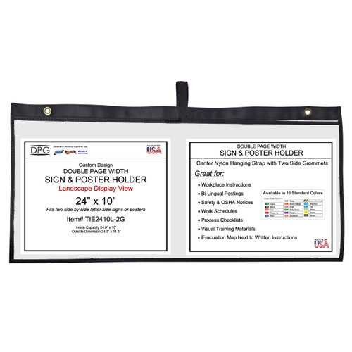 Custom double-width 24x10 in sign and poster holder with black stitched vinyl trim, clear front covers, center nylon hanging strap, and two metal grommets. Displays two side-by-side 11x8.5 in landscape signs for workplace postings, schedules, safety notices, or training materials.